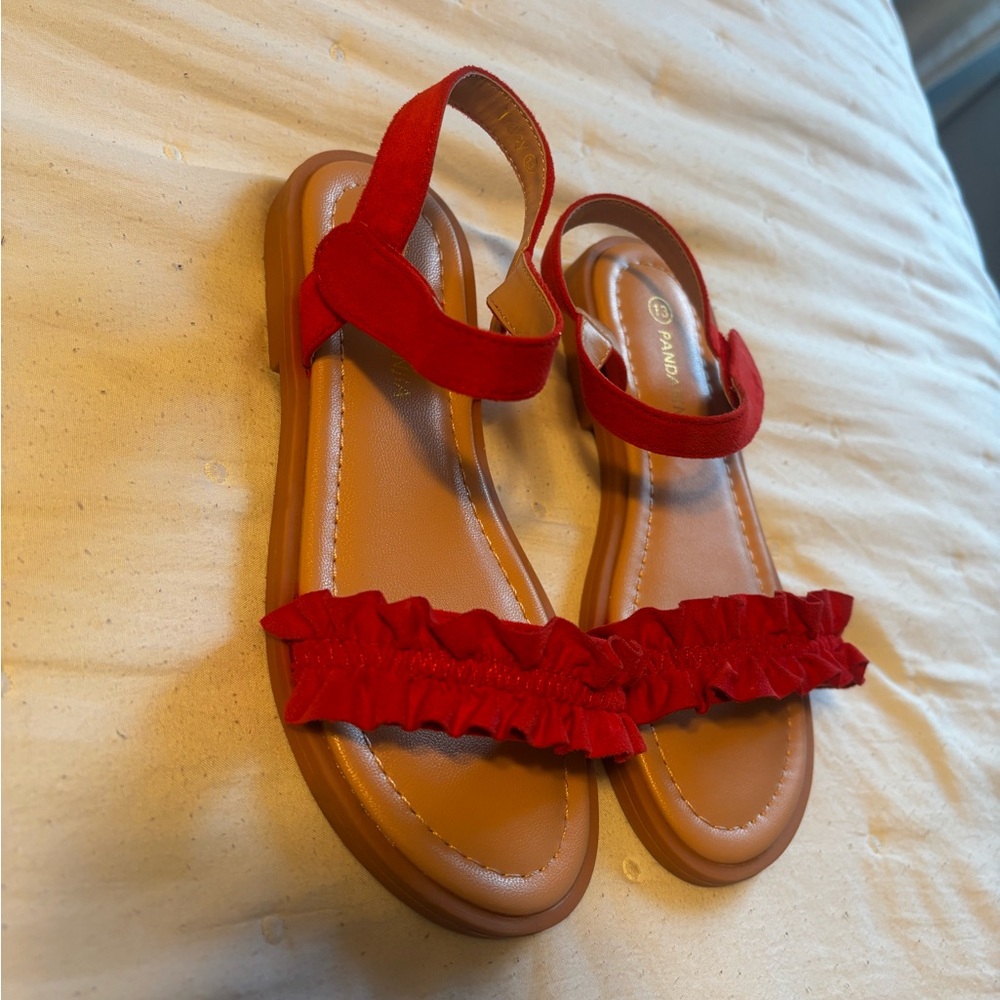 Red Ruffle Strap Flat Sandals